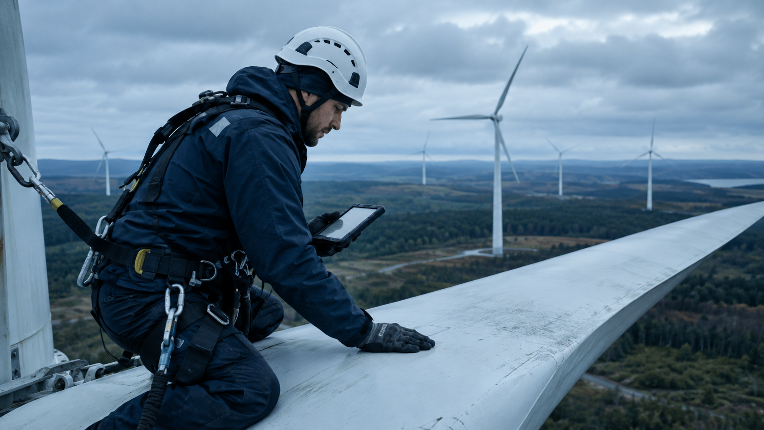 Wind turbine technician recording inspection observations and field data on site