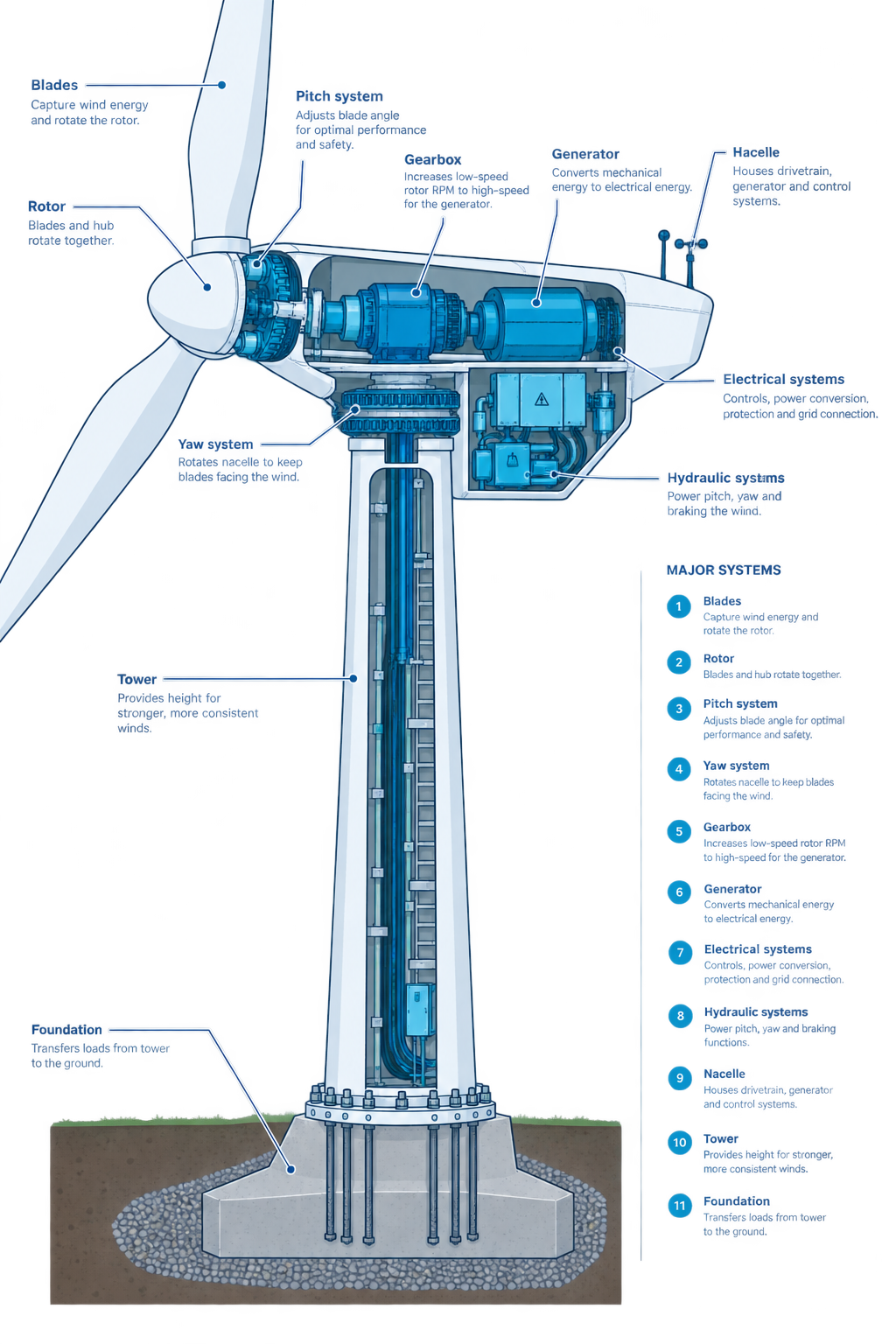 Annotated diagram of wind turbine systems that require wind turbine inspection and maintenance: tower, blades, pitch, yaw, nacelle, drivetrain and generator